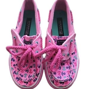 Sperry Top Sider Girl's Bahama Jr Anchor Print Pink Boat Shoes Size 9.5M
